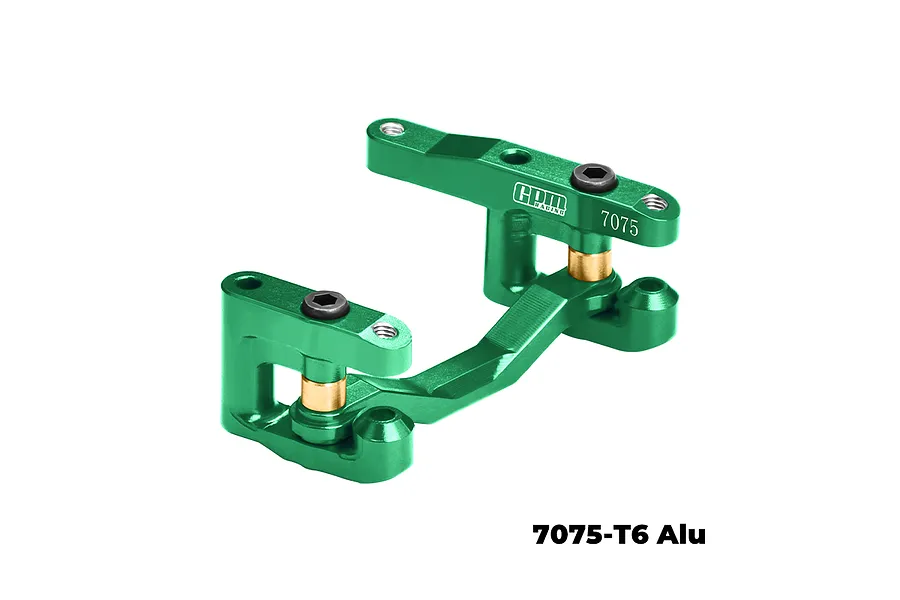 A green GPM Racing aluminium steering bell crank and drag link assembly for RC cars, featuring 7075-T6 aluminium construction.