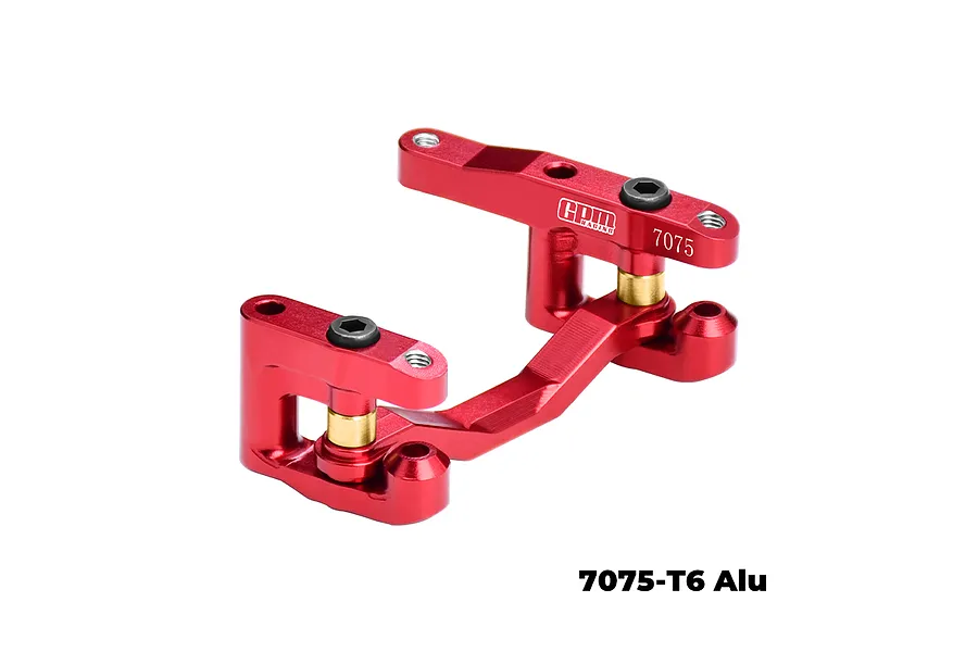 A red anodized aluminium steering bell crank and drag link assembly for RC cars by GPM Racing, featuring gold-coloured bushings and black screws.