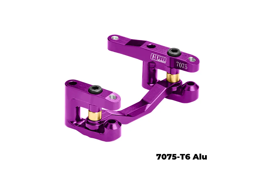 A purple anodized aluminium steering bell crank and drag link assembly by GPM Racing, featuring 7075-T6 aluminium construction.