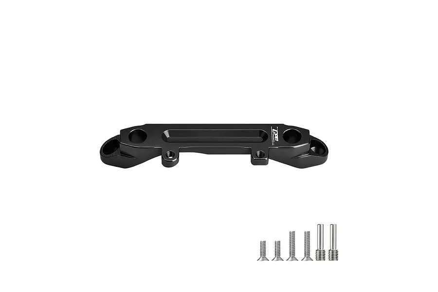 A black GPM Racing aluminium front chassis brace for an RC car, shown with six included metal screws on a white background.