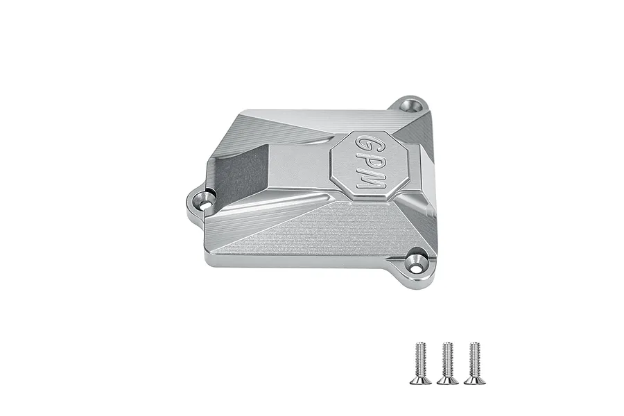 A silver GPM Racing aluminium receiver cover for an RC car, shown with three small mounting screws on a white background.