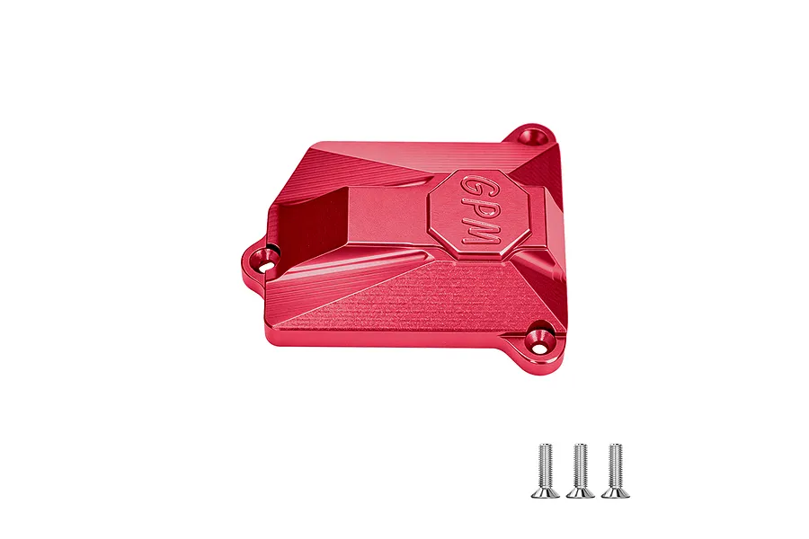 A red anodized aluminium GPM receiver cover for an RC car, shown with three small mounting screws.