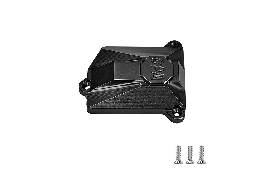 A black GPM Racing aluminium receiver cover for an RC car, shown with three included mounting screws on a white background.