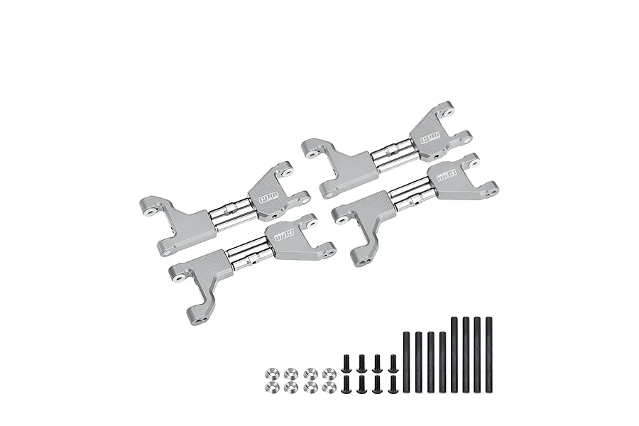 Four silver aluminium RC upper suspension arms with GPM Racing branding, accompanied by stainless steel pins, screws, and washers on a white background.