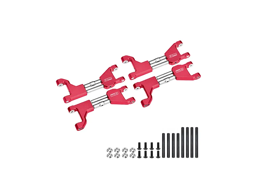 A set of four red anodized aluminium upper suspension arms for an RC car, including stainless steel support mounts, screws, and pins.