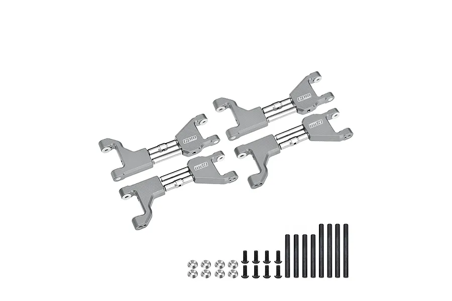 Four grey aluminium RC upper suspension arms with stainless steel support mounts and included hardware set.
