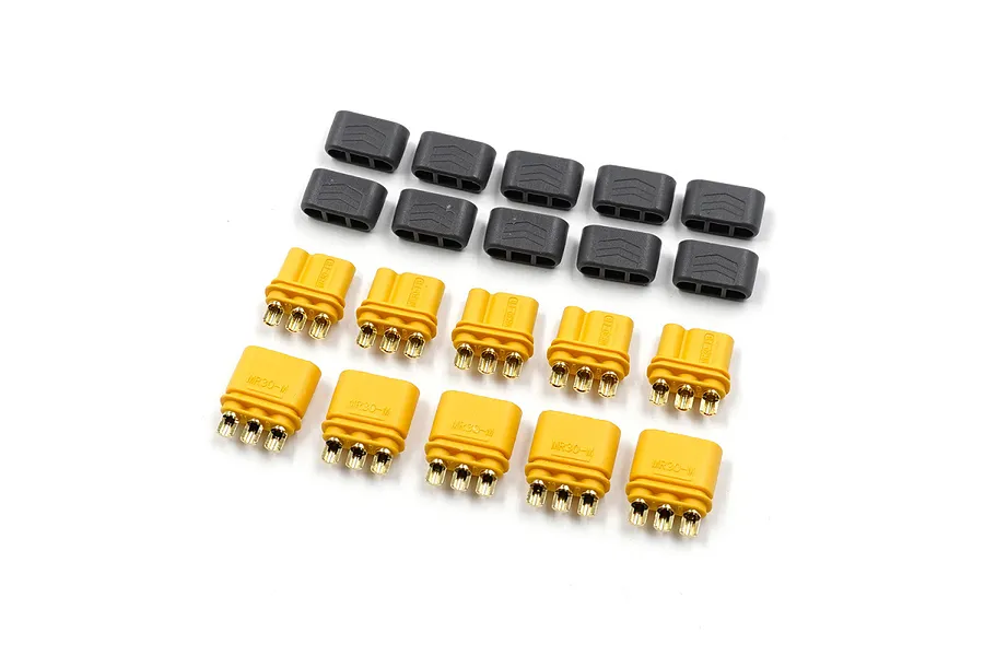 A set of ten MR30 male and female electrical connectors with protective black plastic covers arranged on a white background.