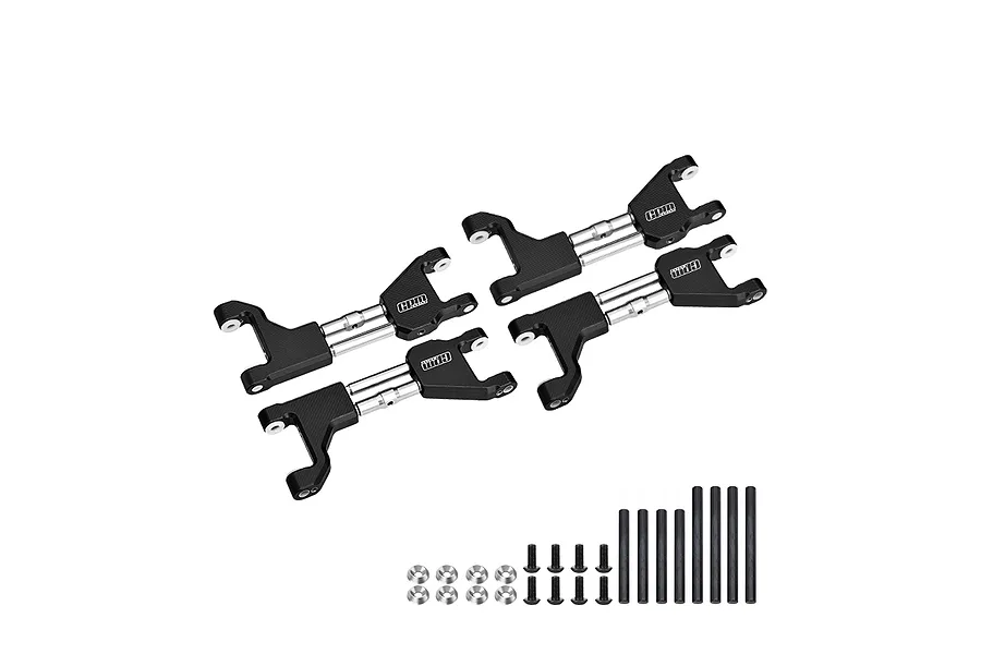 A set of four black aluminium upper suspension arms for RC cars, featuring silver metal shafts, mounting hardware, and screws on a white background.