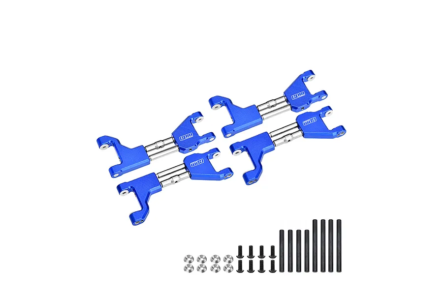 Four blue anodized aluminium RC suspension arms with silver metal shafts, accompanied by screws, washers, and pins on a white background.