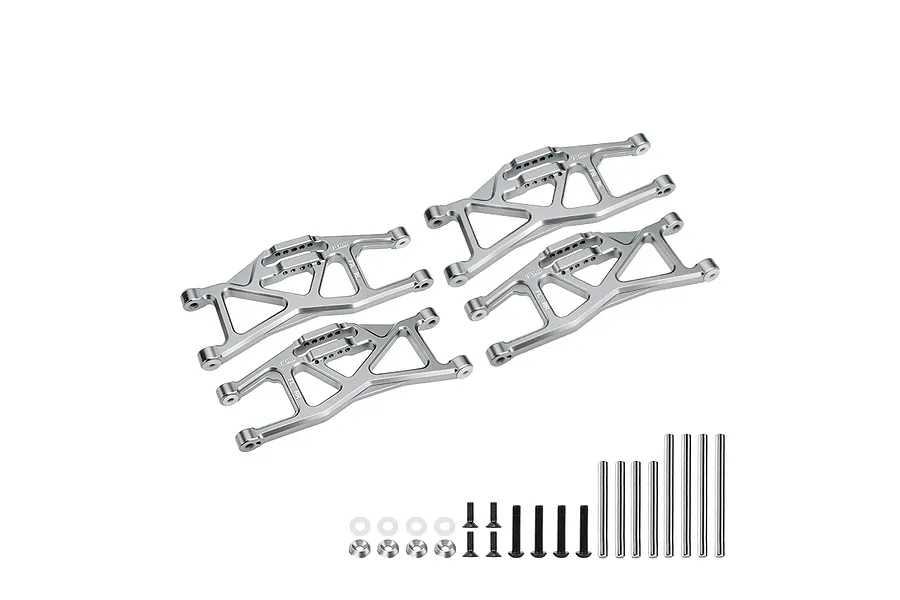 A set of four silver aluminium GPM Racing suspension arms for Traxxas Maxx, including mounting hardware, screws, and hinge pins on a white background.