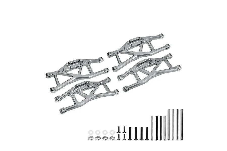 A set of four grey aluminium lower suspension arms for a Traxxas Maxx RC car, including mounting screws, pins, and washers on a white background.