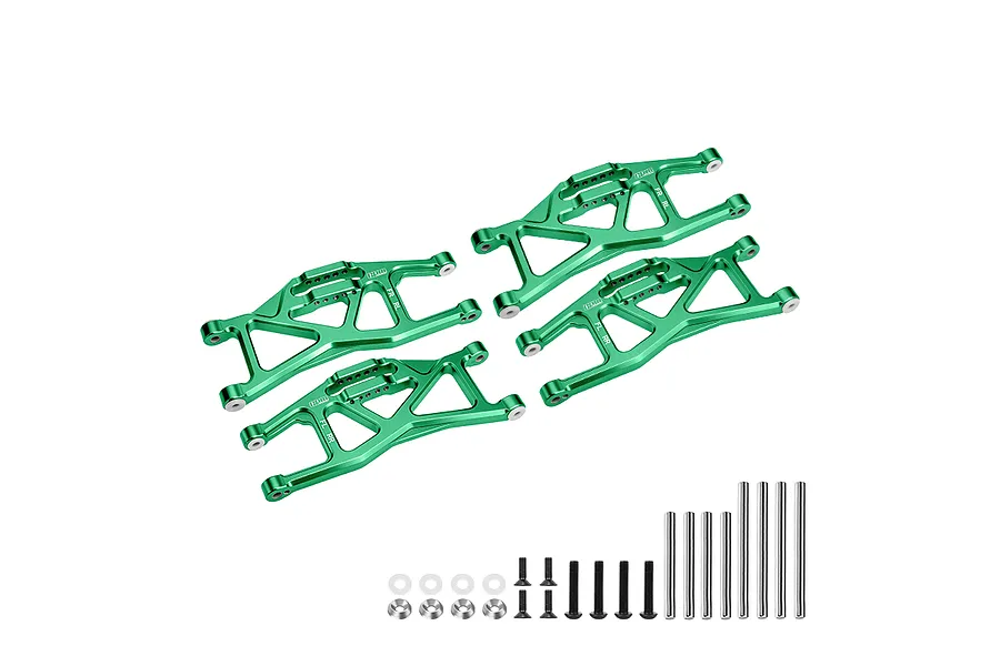 A set of four green anodized aluminium lower suspension arms for Traxxas Maxx RC cars, including mounting hardware, pins, and screws on a white background.