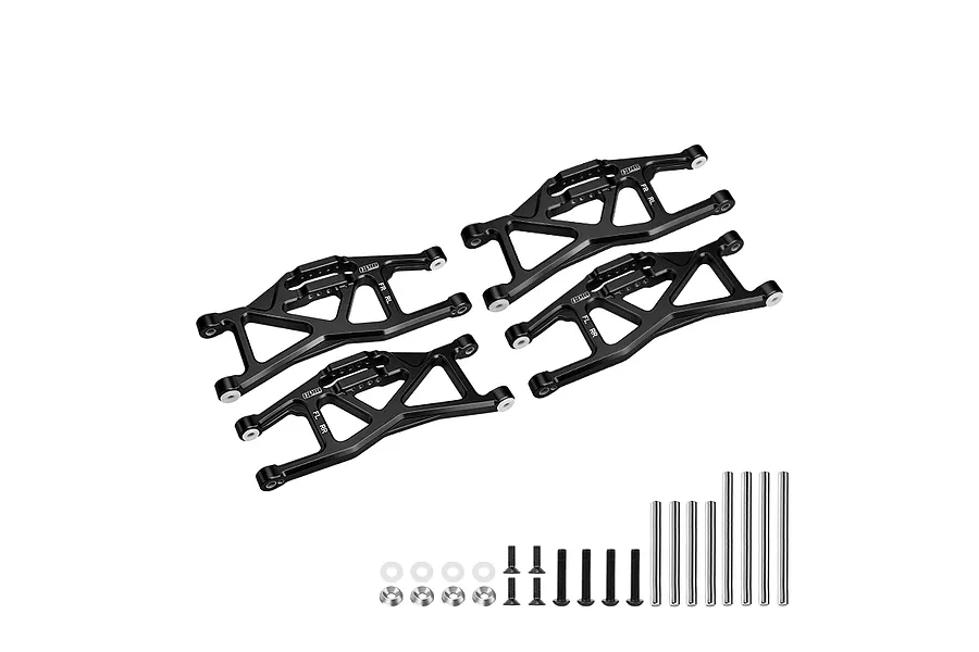 A set of four black aluminium lower suspension arms for a Traxxas Maxx RC car, including mounting hardware, screws, and hinge pins on a white background.