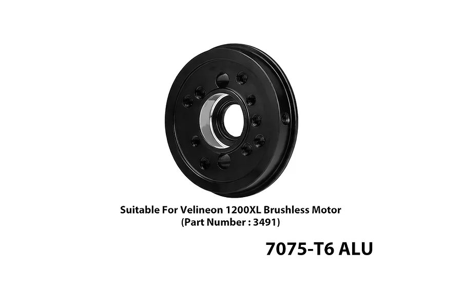 A black circular aluminium motor fixing cover for RC motors, shown against a white background with text indicating compatibility.