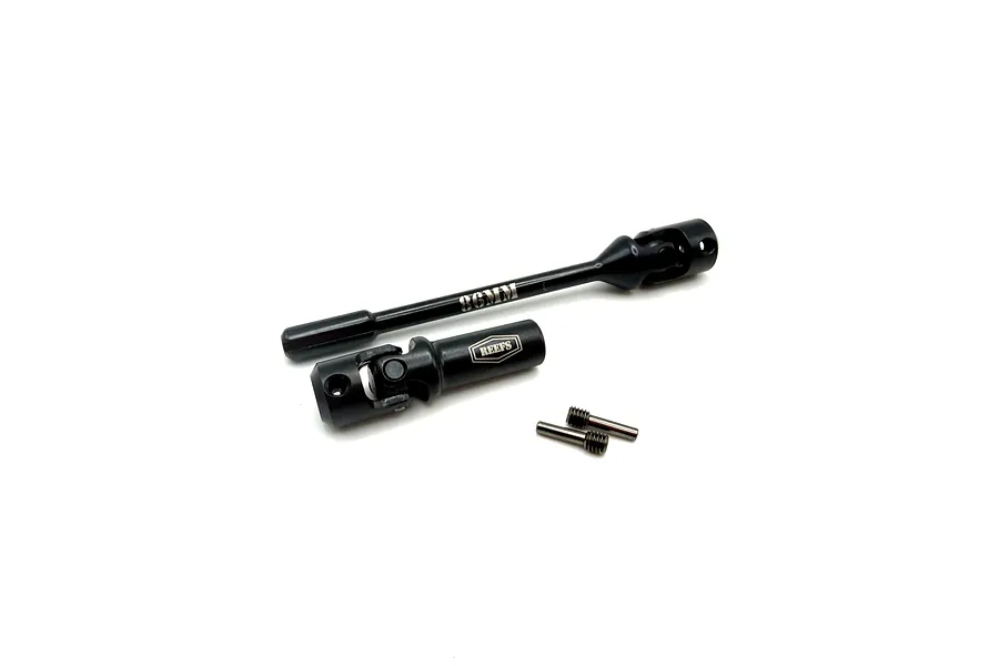Two black metal Reefs RC 86mm CVD driveshaft components with two small threaded pins on a white background.