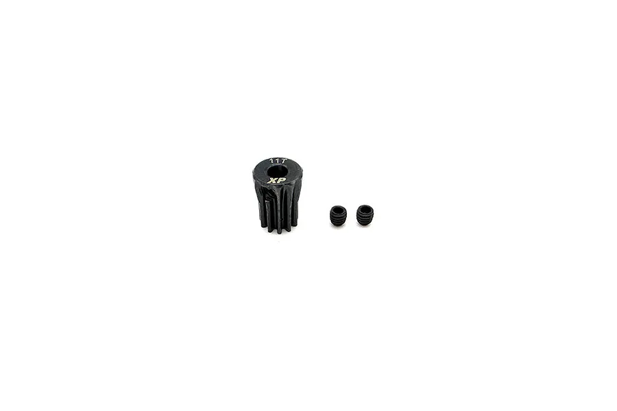 A black Reefs RC 11T pinion gear with XP branding and two small grub screws on a white background.