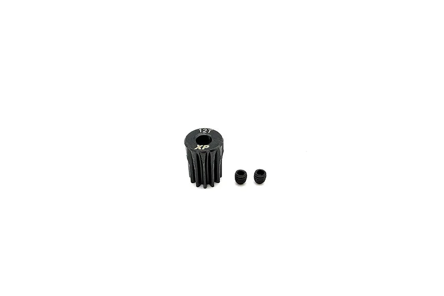 A black 12T pinion gear with XP branding and two small grub screws on a white background.
