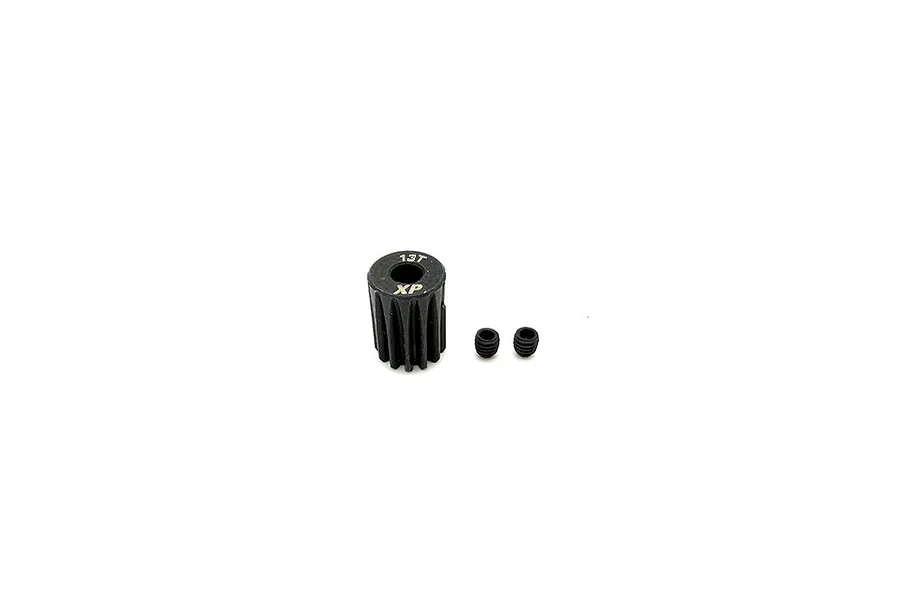 A black Reefs RC 13T pinion gear with two small grub screws on a white background.