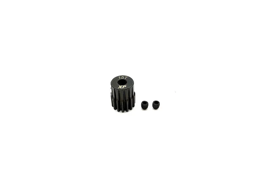 A black 15T XP pinion gear with two small grub screws on a white background.