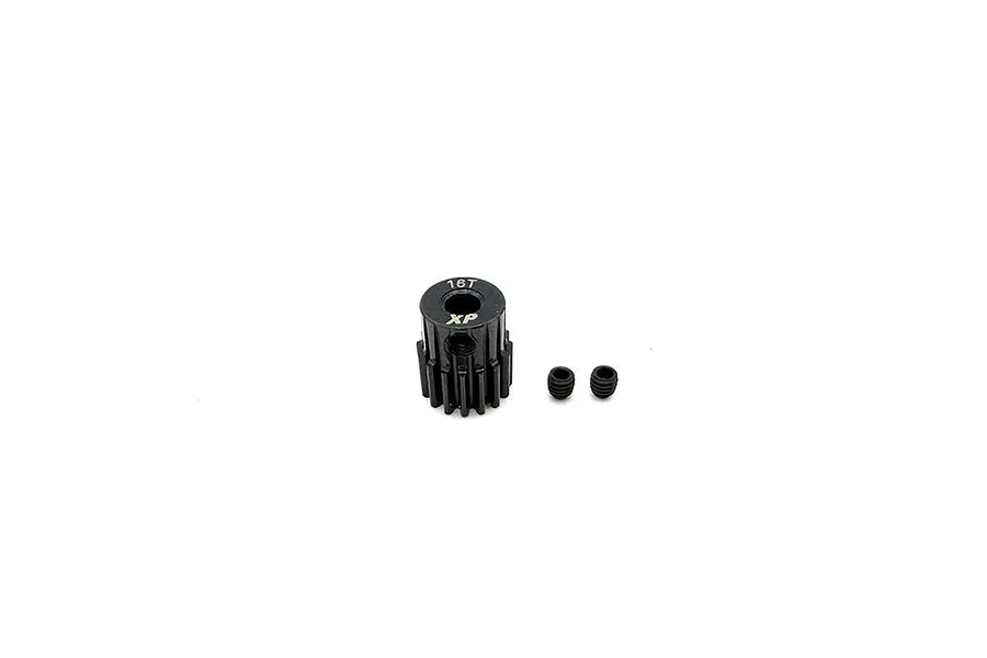 A black Reefs RC 16T pinion gear with two small grub screws on a white background.
