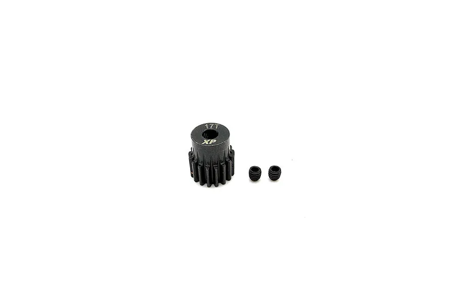 A black Reefs RC 17T XP pinion gear with two small grub screws on a white background.