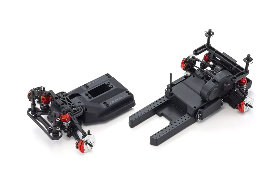 Disassembled chassis components of a Kyosho Fazer D2 RC drift car, showing the front suspension assembly and main rear chassis section.