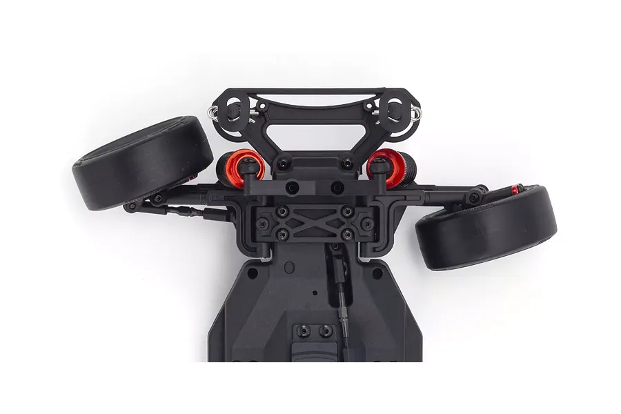 Top-down view of the front suspension and steering assembly of a Kyosho Fazer D2 RC drift car chassis on a white background.