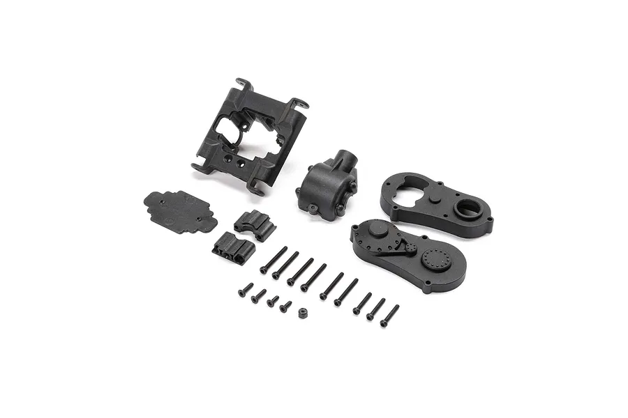 A set of black plastic Losi centre gearbox case components and associated mounting screws laid out on a white background.