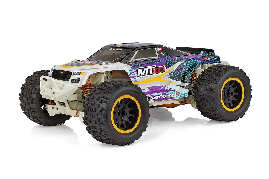 Team Associated Rival MT10 1/10 scale RC monster truck with a white, purple, and yellow body shell on a white background.