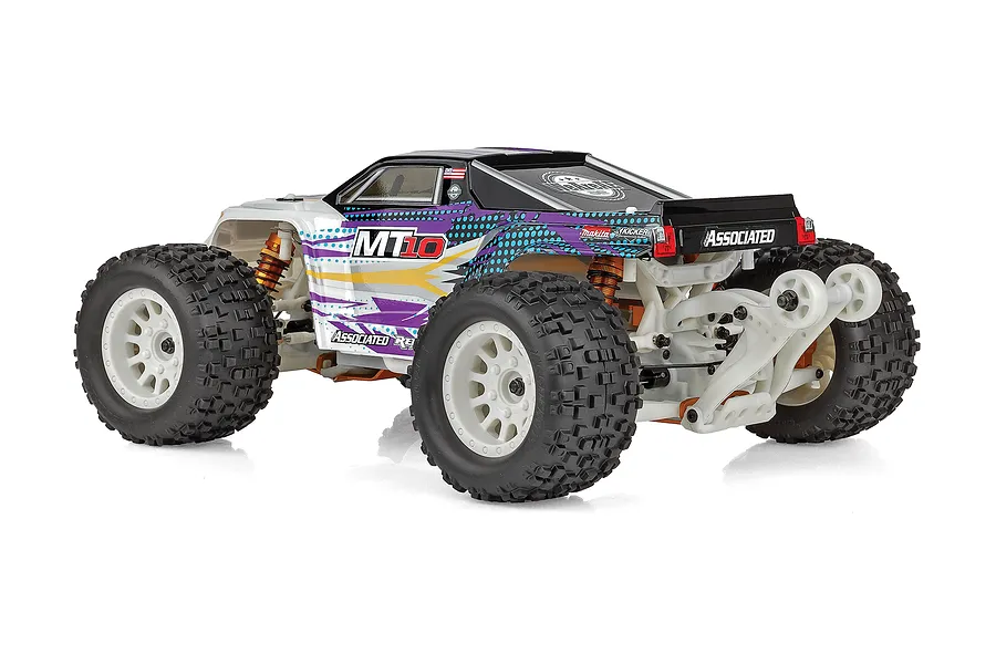 Team Associated Rival MT10 monster truck RC car with a white, purple, and yellow body, shown from a rear three-quarter angle on a white background.