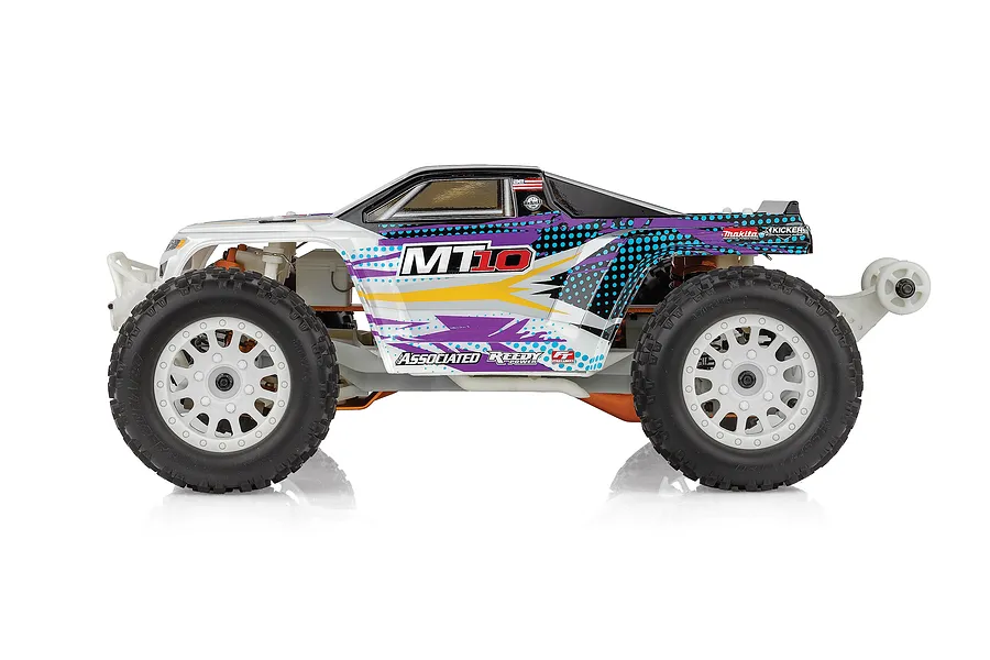 Side profile of a Team Associated Rival MT10 RC monster truck with a white, purple, and black graphic body shell on a white background.