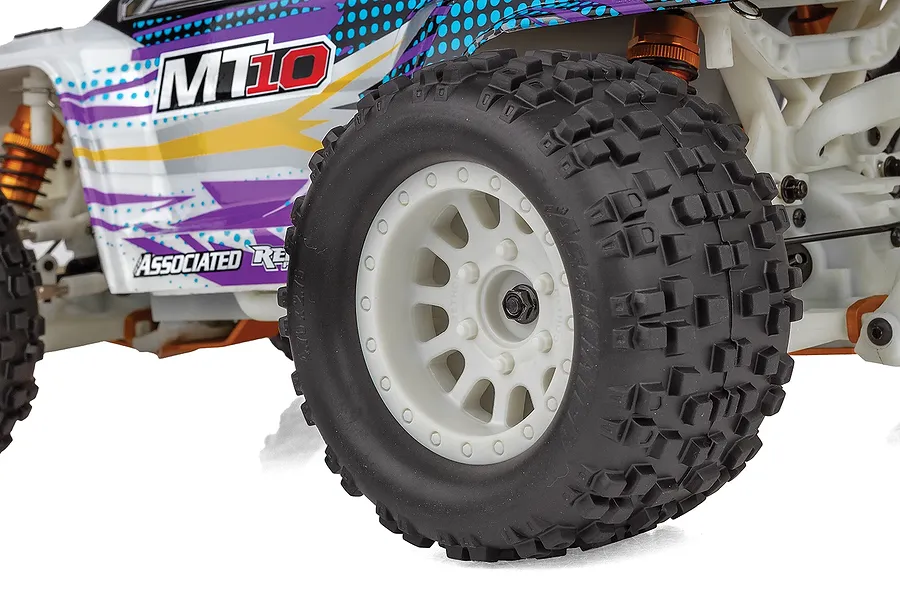 Close-up of the Team Associated Rival MT10 RC monster truck showing the white wheel, knobby tire, and colorful body shell graphics.