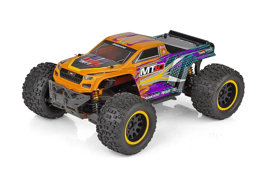 Team Associated Rival MT10 1/10 scale RC monster truck with orange and purple bodywork on a white background.