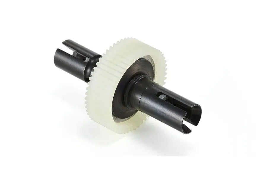 A Kyosho RC car differential assembly featuring a white plastic spur gear mounted on a black metal shaft with drive cups on both ends.