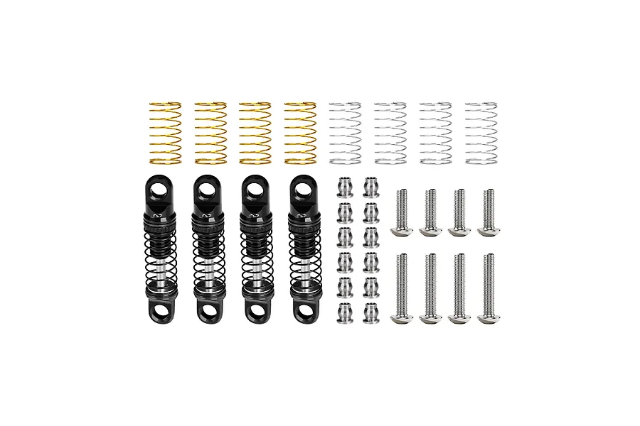 A set of four black GPM Racing aluminium adjustable RC shock absorbers with extra springs, mounting hardware, and screws on a white background.
