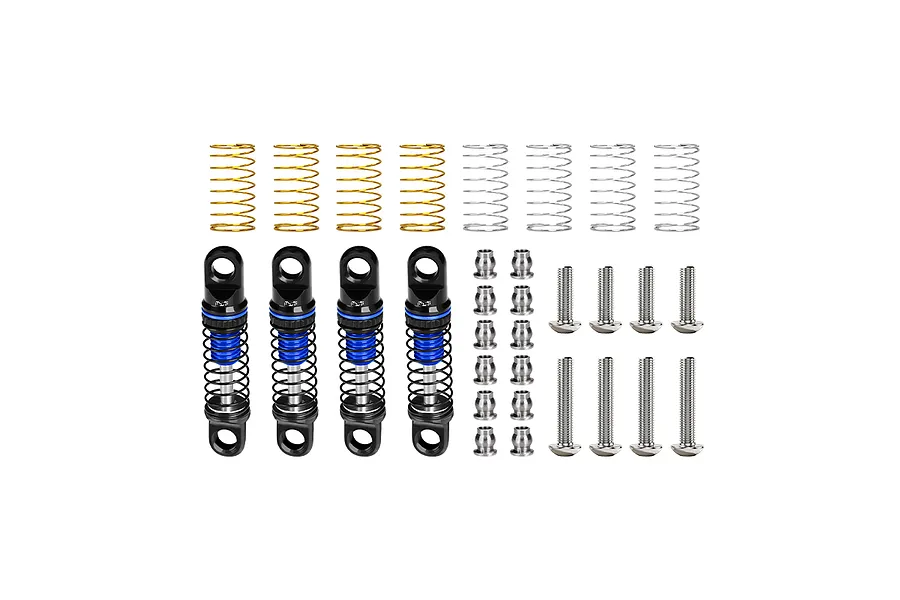 A set of four GPM Racing adjustable RC shock absorbers with blue and black components, including extra springs, mounting screws, and ball ends.