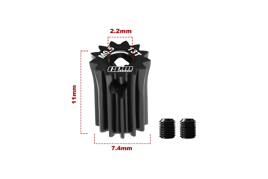 GPM Racing 13T 0.5 module pinion gear with dimension annotations showing 11mm height, 7.4mm width, and 2.2mm bore, plus two grub screws.