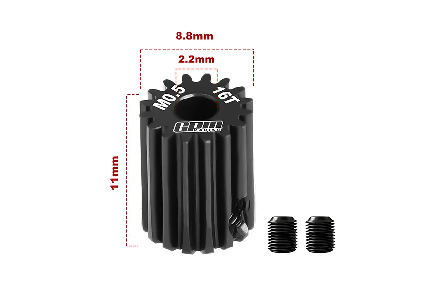A black GPM Racing 16T 0.5 module pinion gear with dimension annotations showing 8.8mm diameter, 2.2mm inner bore, and 11mm height, plus two grub screws.