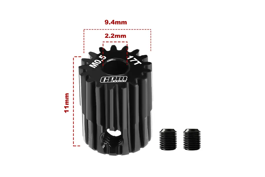 A black GPM Racing 17T 0.5 module pinion gear with dimension annotations and two included grub screws on a white background.