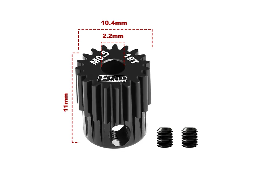 A black GPM Racing 19T 0.5 module pinion gear with dimension annotations and two included grub screws on a white background.