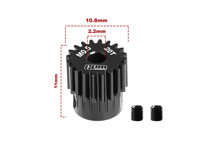 A black GPM Racing 20T 0.5 module pinion gear with dimension annotations and two grub screws on a white background.
