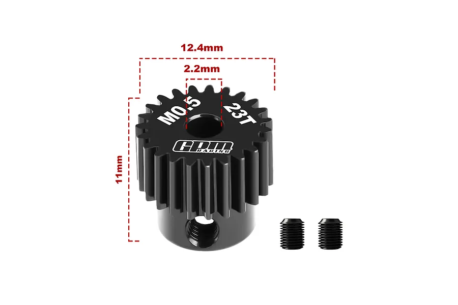 GPM Racing 23T 0.5 module pinion gear with dimension annotations showing 12.4mm diameter, 11mm height, and 2.2mm shaft hole, plus two grub screws.