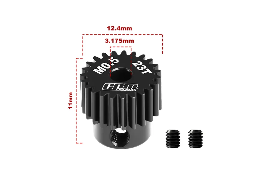 A black GPM Racing 23T 0.5 module pinion gear with dimension annotations and two grub screws on a white background.