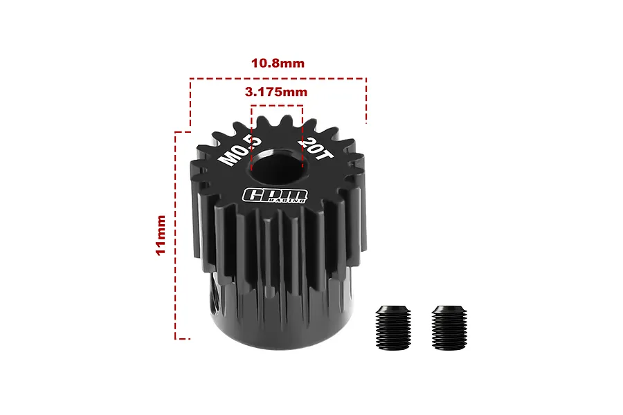 A black GPM Racing 20T 0.5 module pinion gear with dimension annotations and two grub screws on a white background.