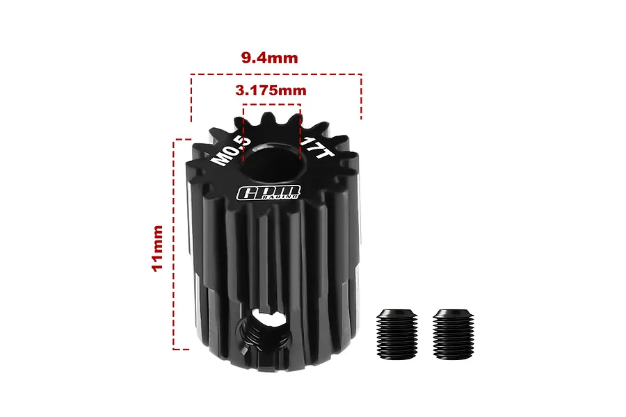 A black GPM Racing 17T 0.5 module pinion gear with dimension annotations and two grub screws on a white background.