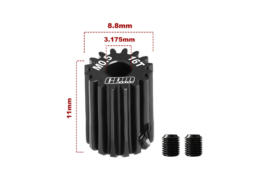 A black GPM Racing 16T 0.5 module pinion gear with dimension annotations showing 8.8mm diameter, 3.175mm bore, and 11mm length, plus two grub screws.