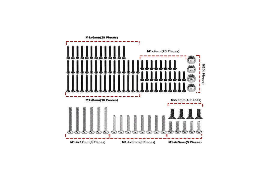 A diagram showing various sizes and quantities of screws and nuts for an RC vehicle, labeled with their dimensions.