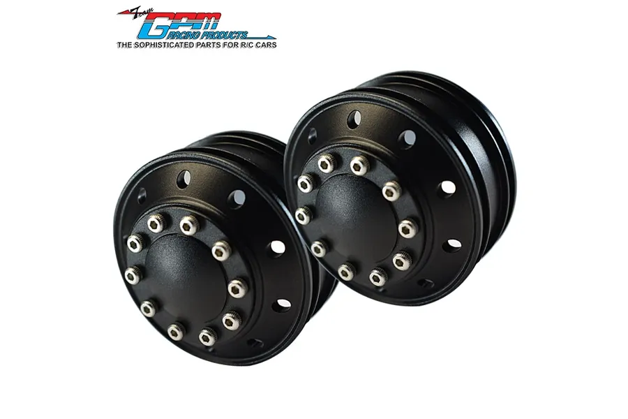 Two black GPM Racing 1/14 scale aluminium front 10-hole RC truck rims with silver hex bolts on a white background.