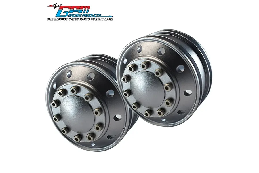 Two grey silver aluminium 10-hole front rims for 1/14 scale RC trucks, featuring a central hub cap and hex bolts.