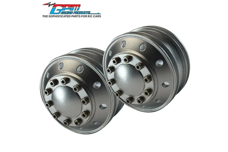 Two silver aluminium 10-hole front rims for 1/14 scale RC trucks, featuring a central hub cap and hex bolt details.